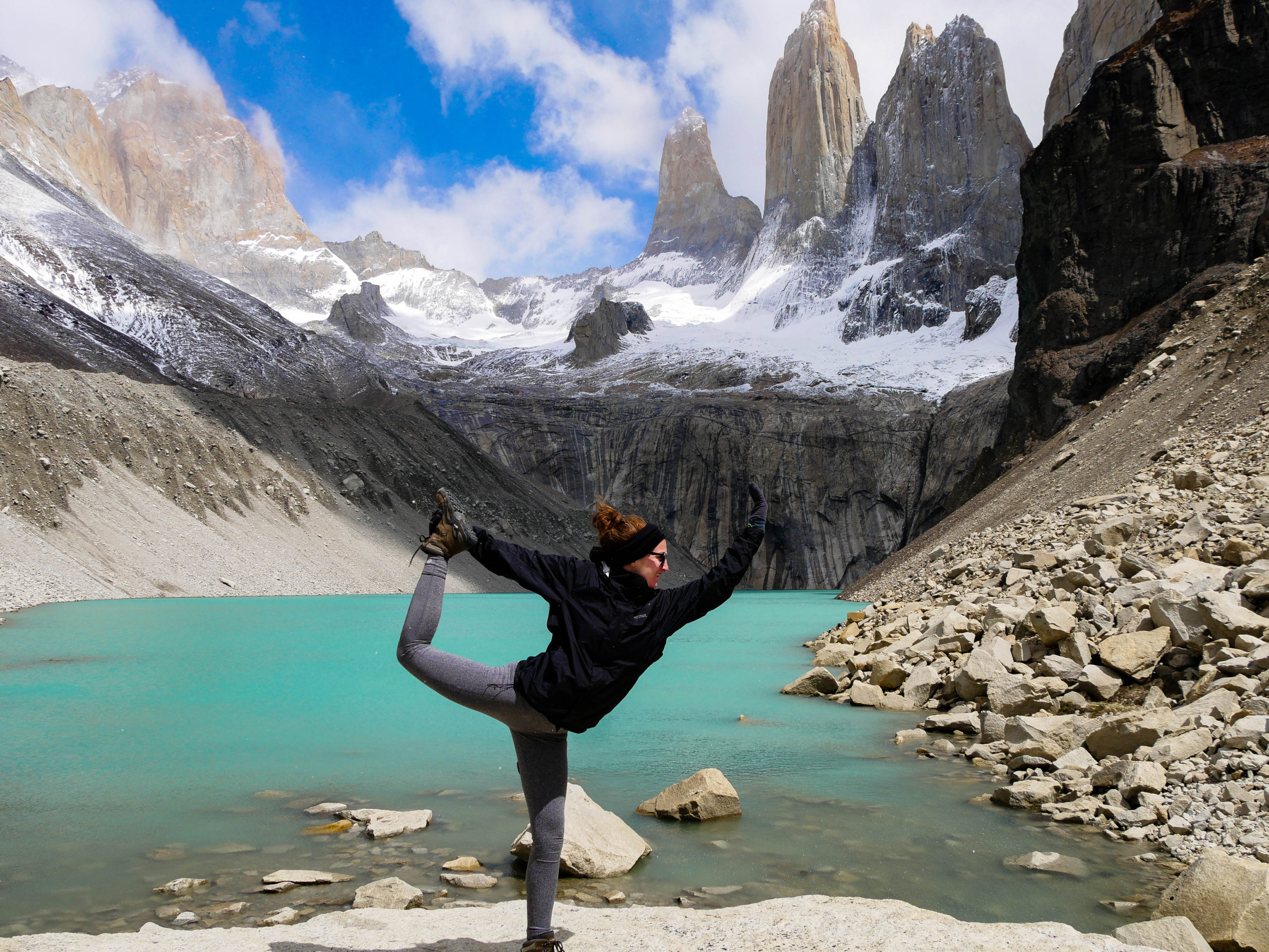 Dancer's pose at the base of Las Torres in Patagonia